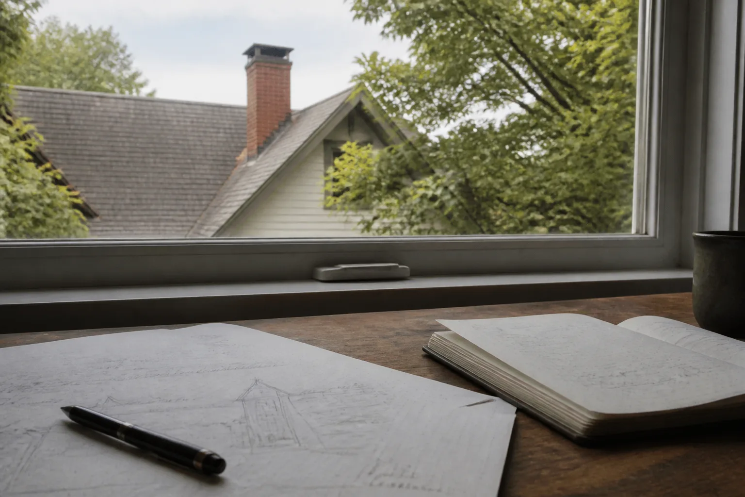 Photos de toiture, arbre et cheminée annotées avec des notes de contexte sur une table