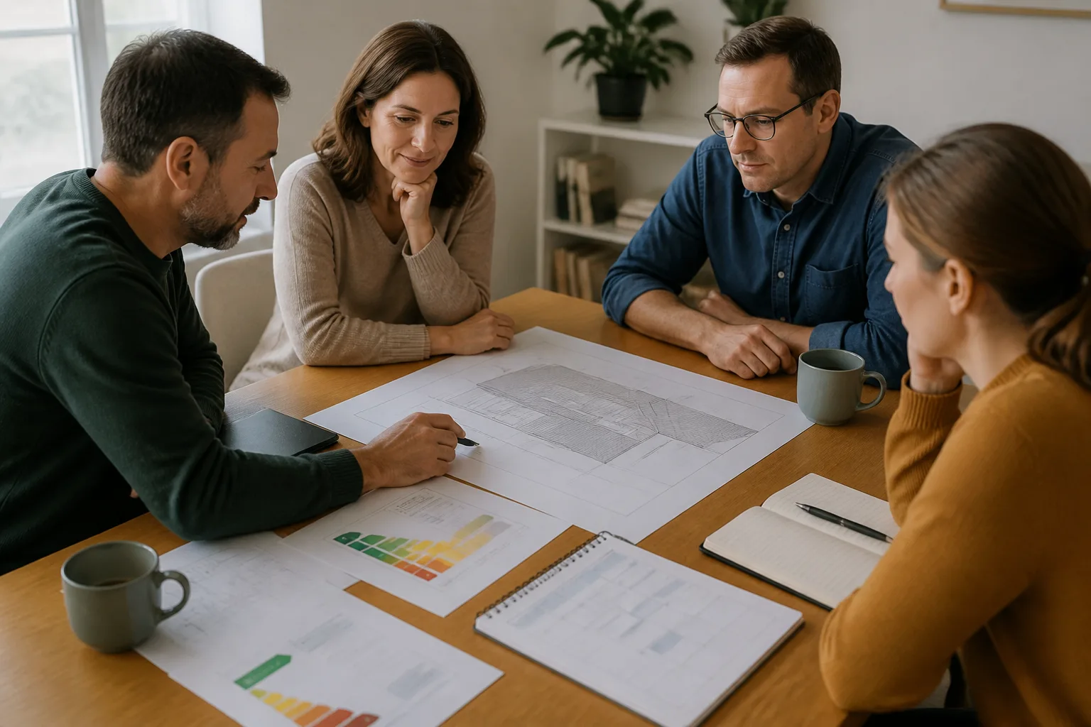 Réunion de projet avec plan de toiture, documents de consommation et calendrier de rénovation