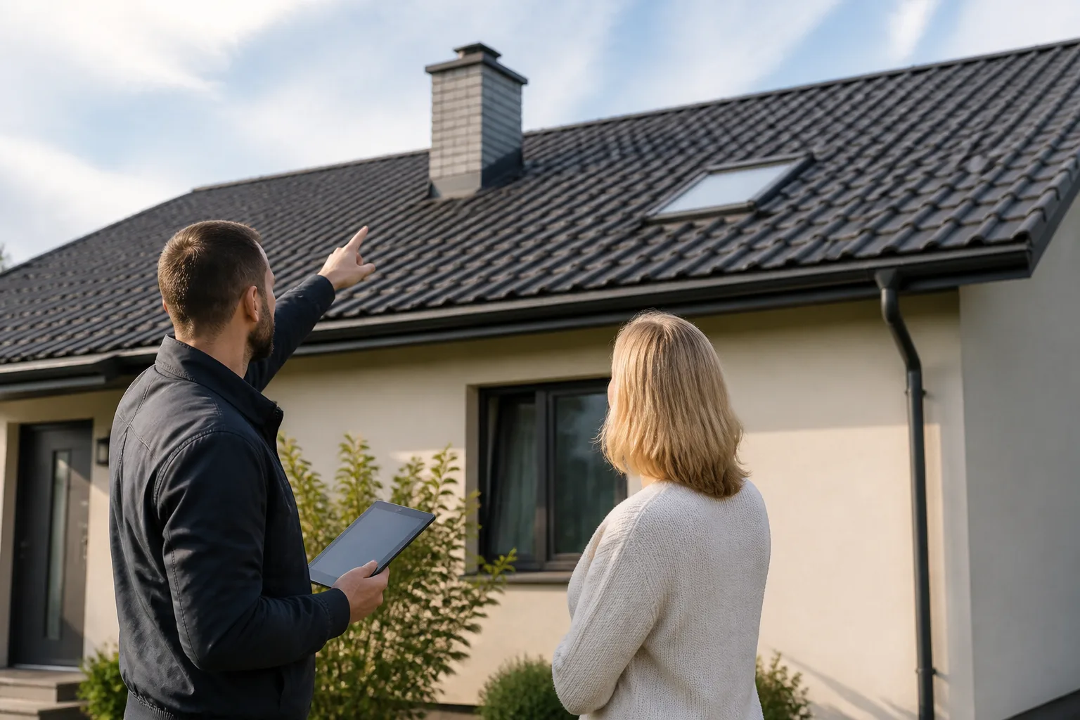 Spécialiste solaire et propriétaire examinant depuis le sol les éléments visibles d’une toiture