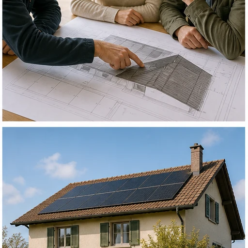 Propriétaire et professionnels échangent devant une maison au sujet d’un projet solaire et de toiture